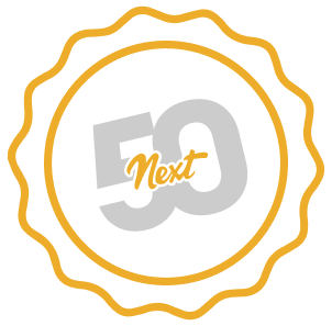 "Next 50" logo with decorative badge circle