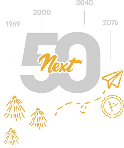 Next 50 logo with trees and decorative lines